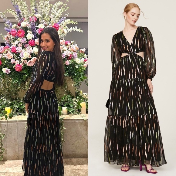 SHOSHANNA Rainbow Metallic Chiffon Puff Long Sleeve Cutout Waist Maxi Gown 10 - Picture 4 of 12